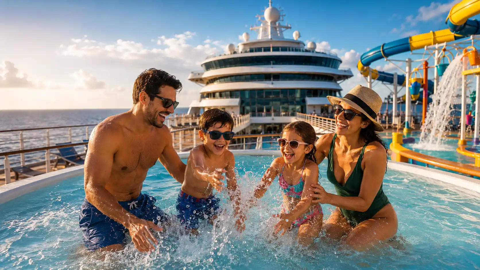 Familia disfrutando en alberca durante vacaciones